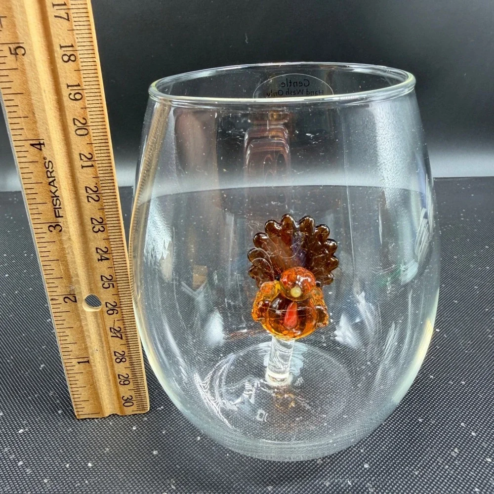 Crate and Barrel Turkey Stemless Wine Glasses Set‎ of 2 Thanksgiving Glassware
